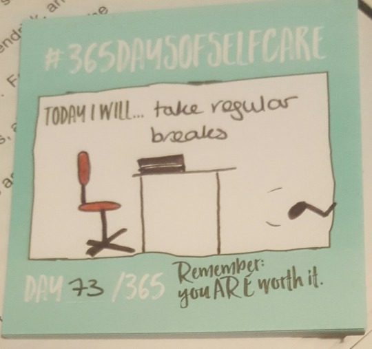 A self-care sticky note proclaiming 'today I will take regular breaks'